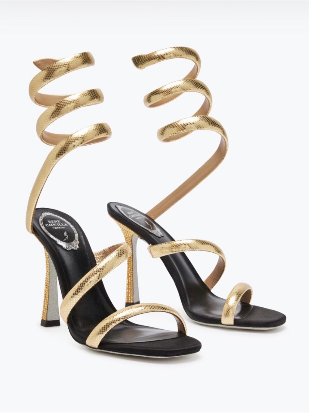 Rene Caovilla Gold Spiral-Wrap Stiletto Sandals with Black Footbed